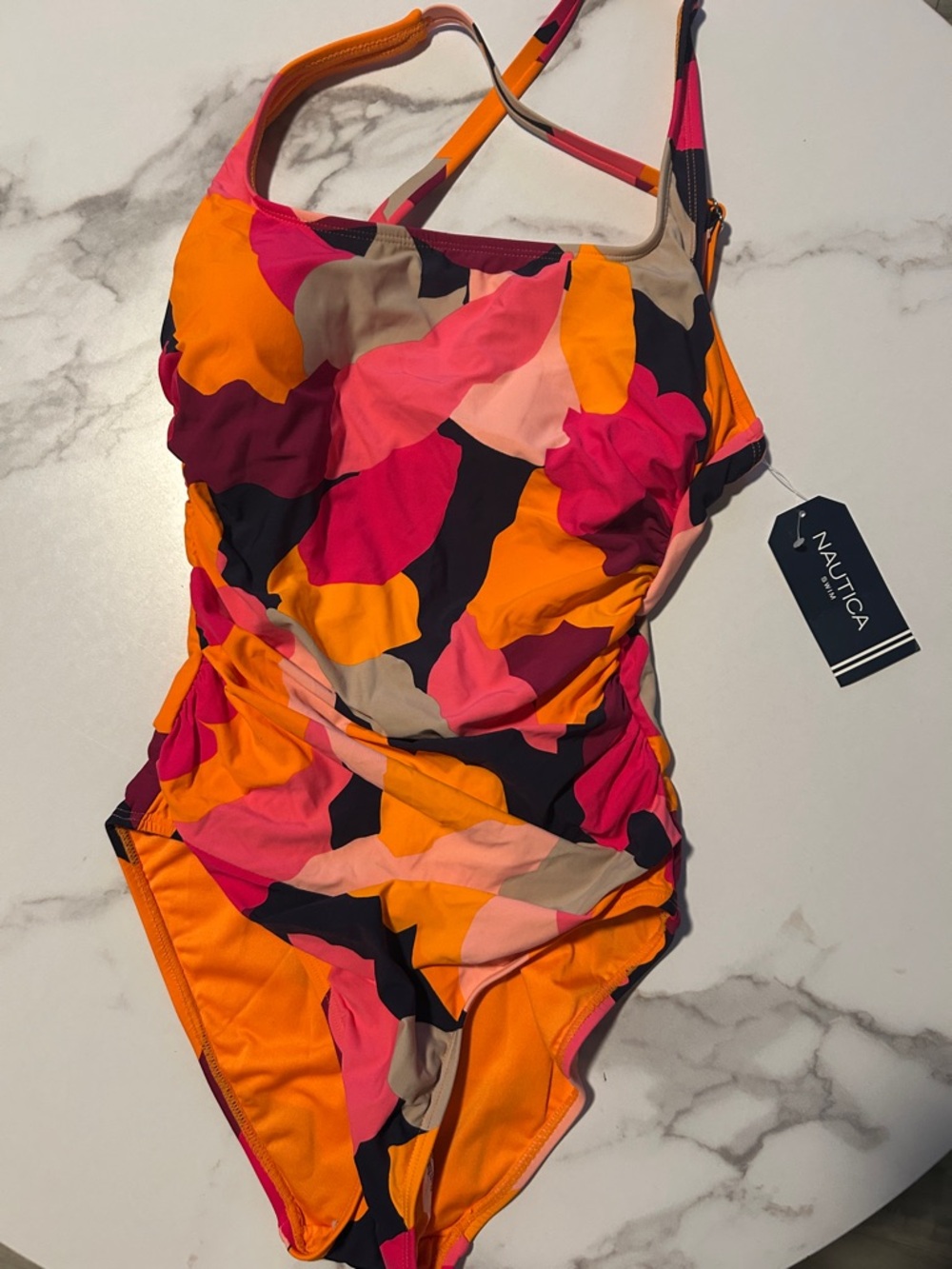 Nautica Bright Pink Orange Black Abstract One-Piece Swimsuit